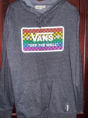 Vans Men's Charcoal Zip-Up Sweater with Rainbow Checkerboard Logo